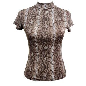 Olivia Rae S Brown Snake Print Mock Neck Top Edgy Y2K Grungecore Tee Fitted Chic